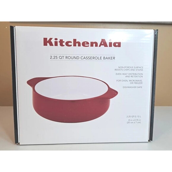 KitchenAid 2.25 QT Round Red Stoneware Casserole Baker Dish KQ990BXERA Bakeware - Picture 3 of 5